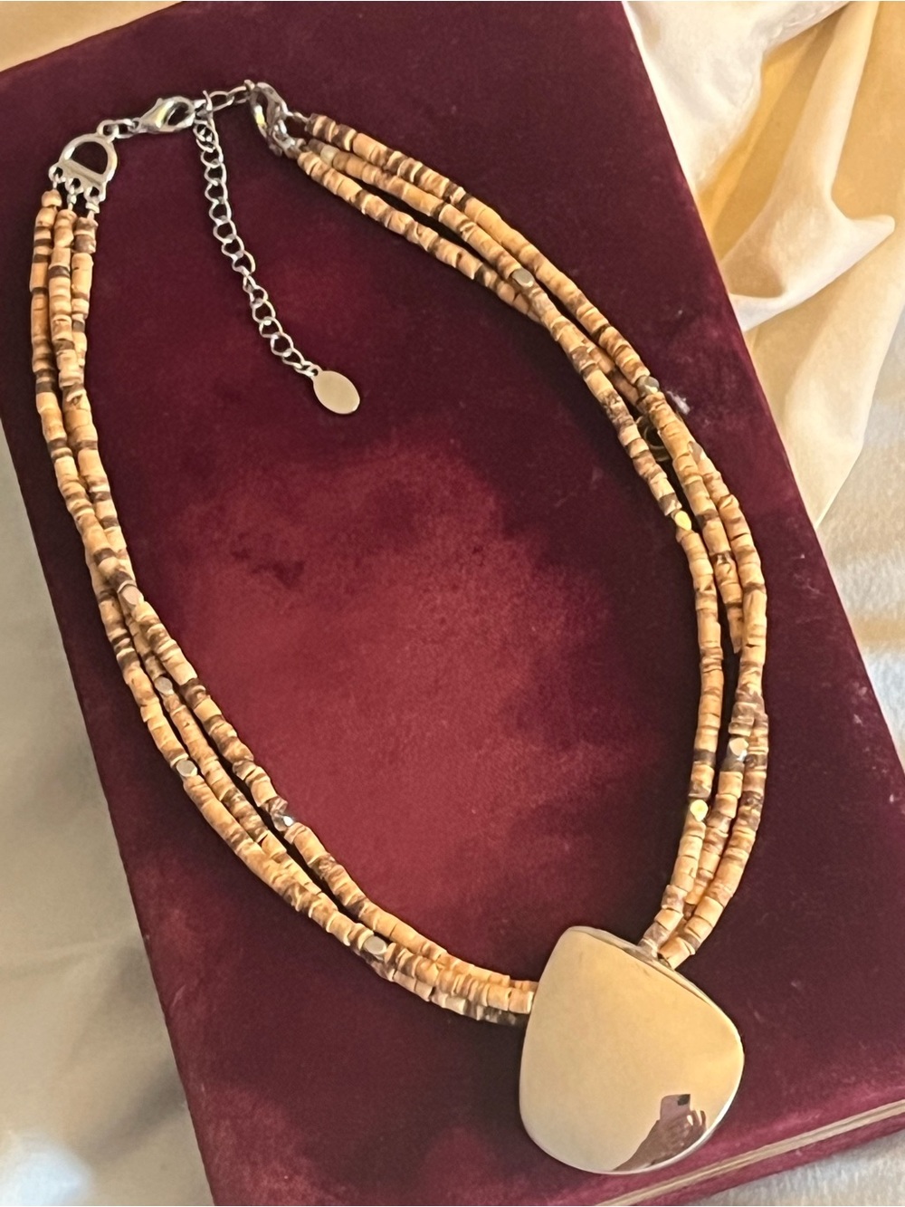 Cookie Lee Wooden Beaded Boho 3 Strand Necklace w Silver Pendant- EUC